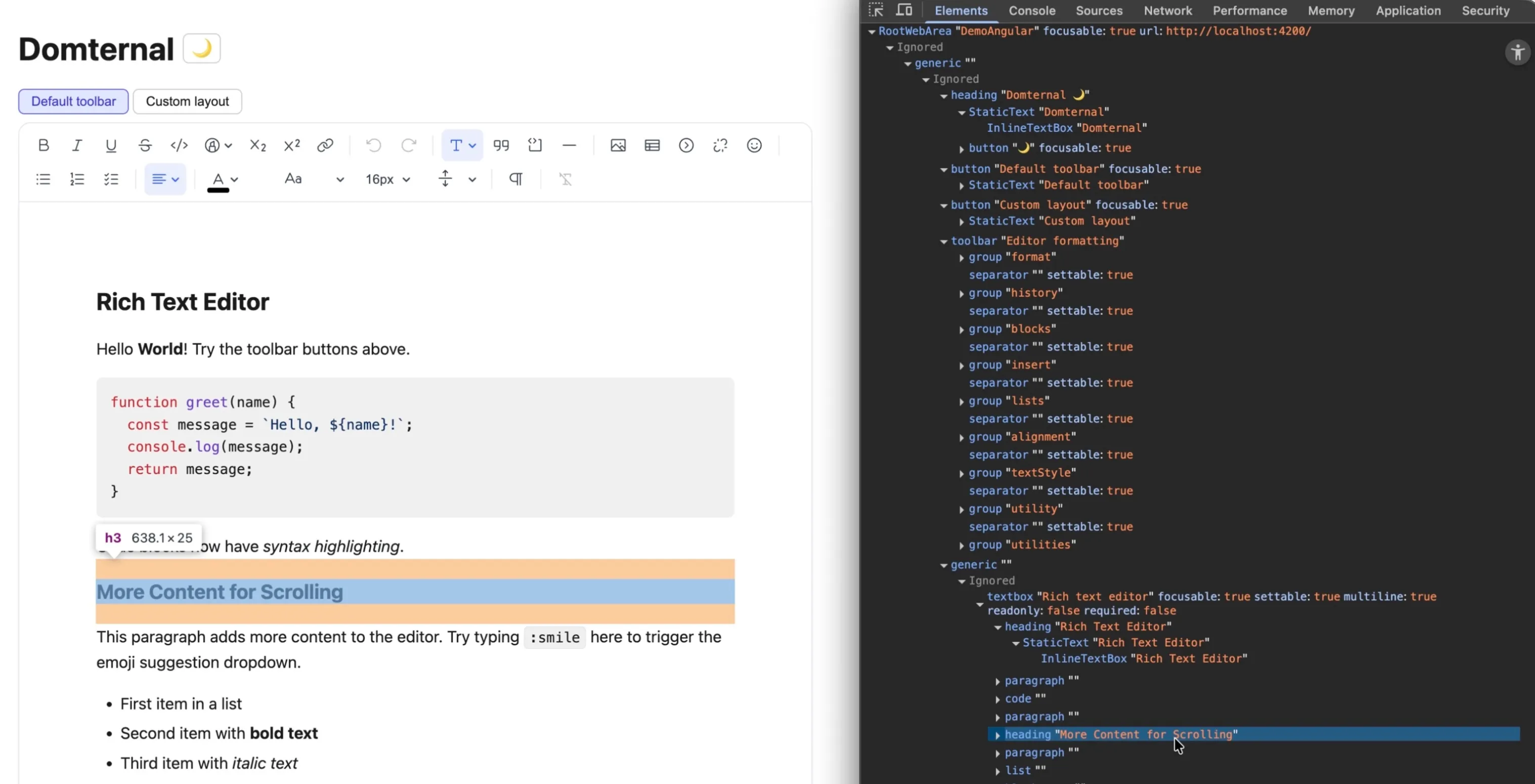 Chrome DevTools Accessibility tree showing the editor as textbox "Rich text editor" with multiline: true