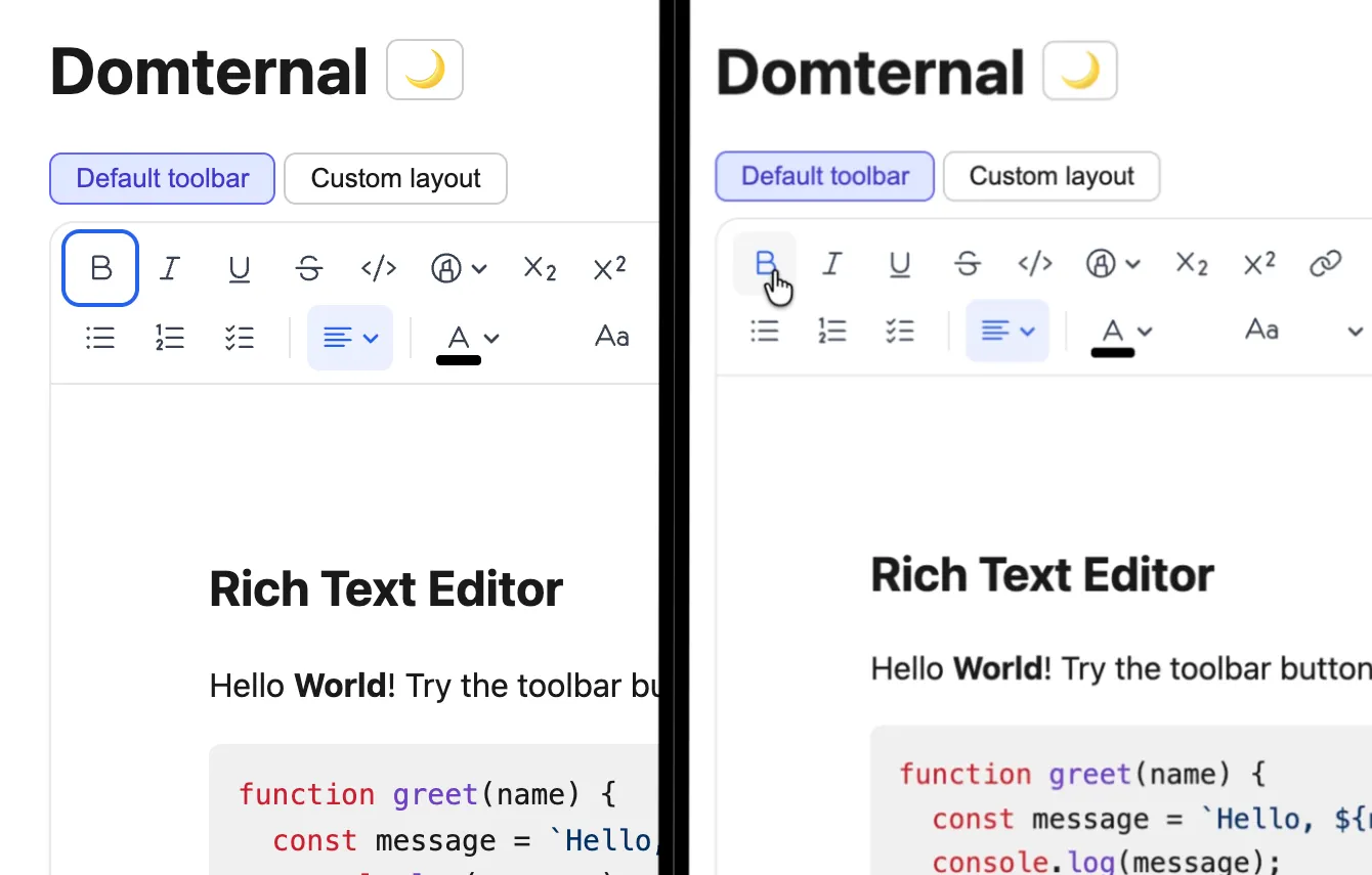 Keyboard focus shows a visible ring on the Bold button (left), mouse click does not (right)