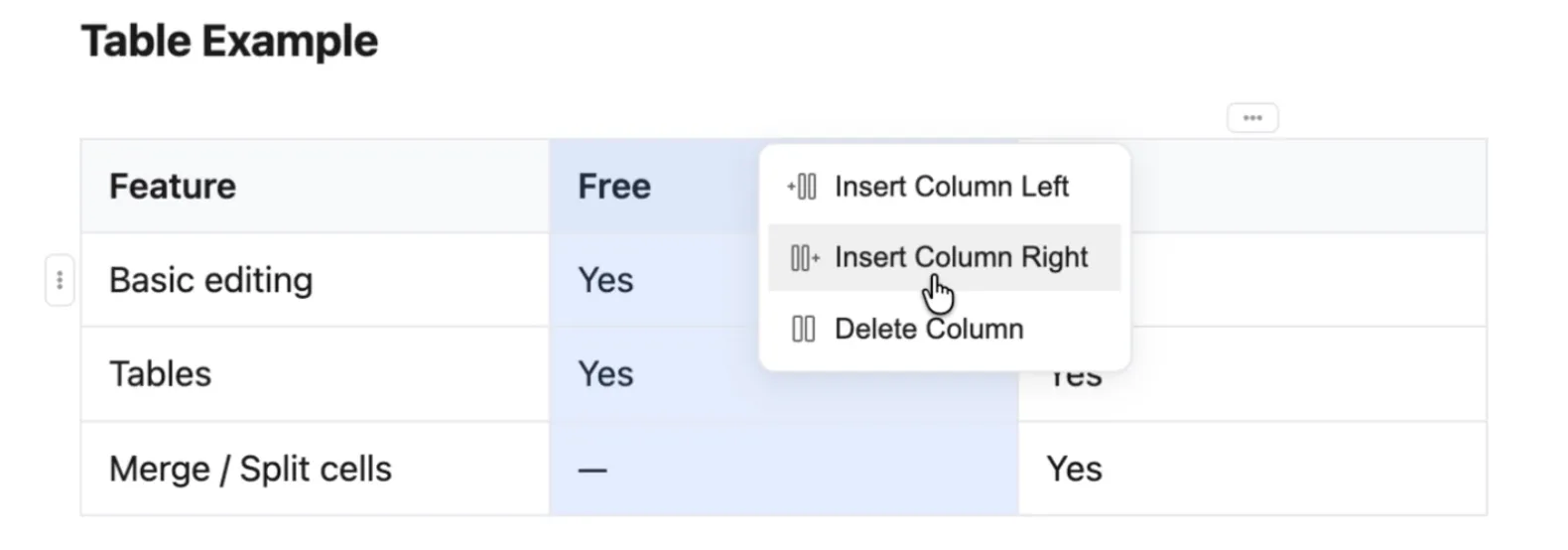 Table with column dropdown showing Insert and Delete options