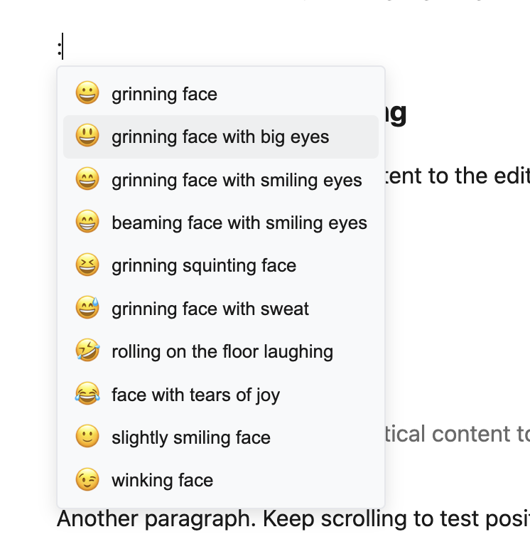 Emoji suggestion dropdown showing results for 